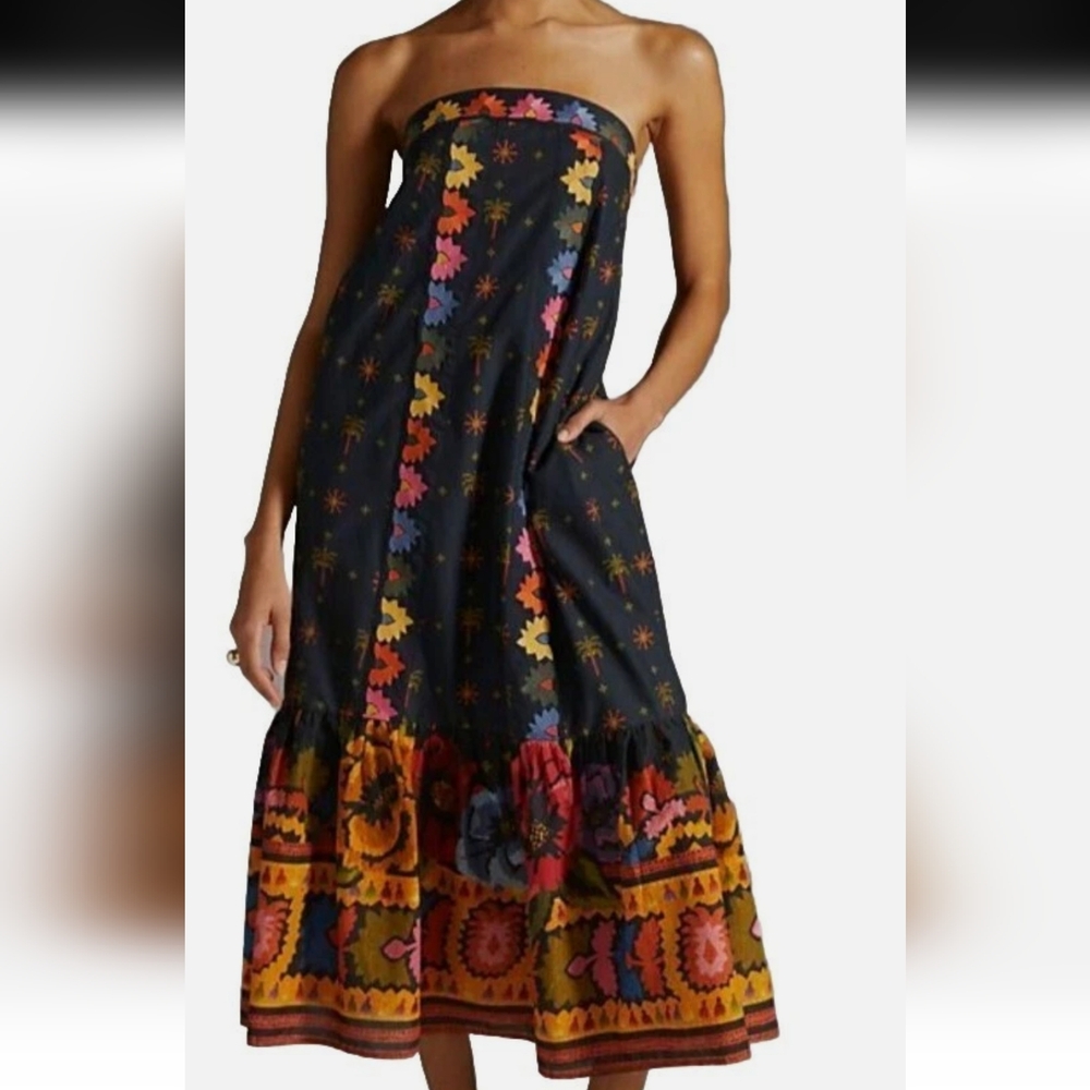 Farm Rio Embroidered Dress Strapless Black Folklore Size XS Anthropologie - Picture 2 of 12